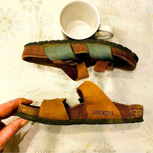Birkenstock Arizona 2 strap buckle 2-tone brown green leather sandals EU37    WH - Picture 2 of 6